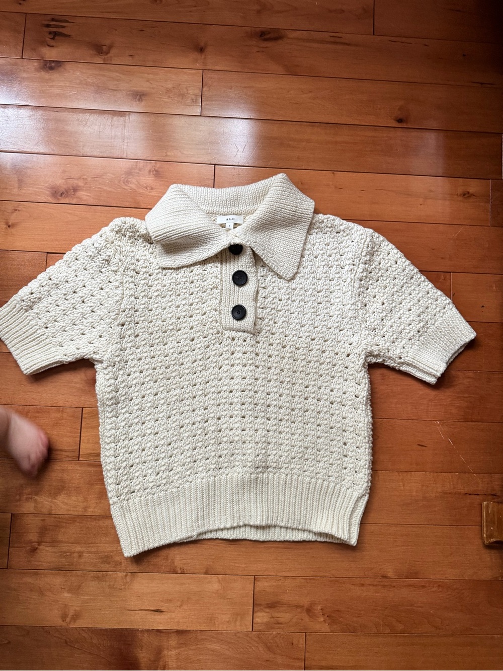 A.L.C. Cream Knit Short-Sleeve Polo Sweater with Button Placket